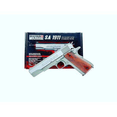 PISTOLA SWISS ARMS P1911 4 5M CO2 PLATA MADERA