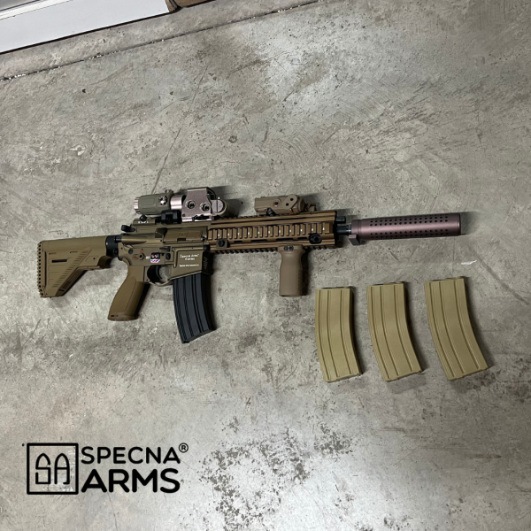 COMBO HK416 A5 TAN + 3 CARGADORES 140BBS + ACCESORIOS